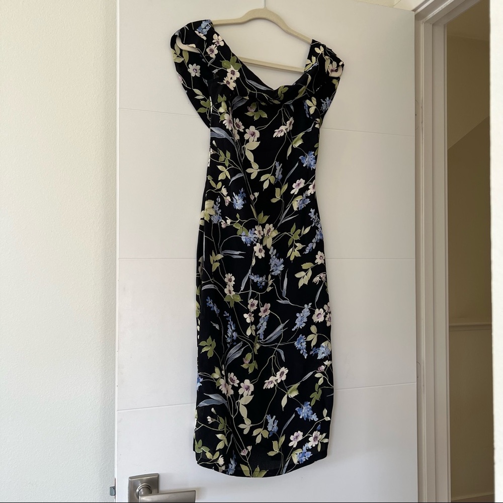 Reformation floral off shoulder midi dress
